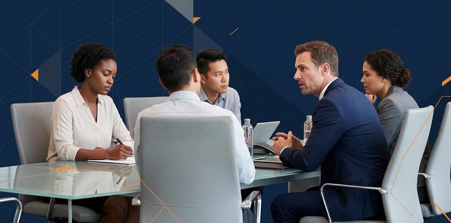 A professional team sitting around a conference table with thoughtful expressions, representing productive conflict, trust, and honest team dialogue.