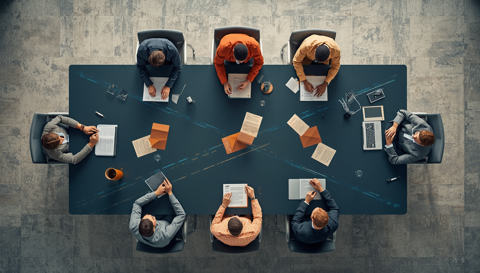 Leadership team engaged in a strategic discussion around a conference table, representing healthy conflict, honest communication, and collaborative decision-making in the workplace.