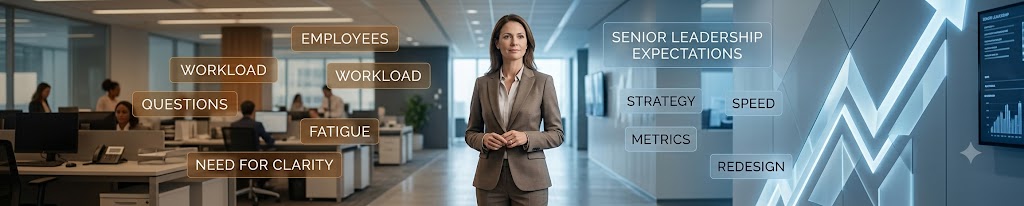 Manager balancing executive priorities and employee needs while leading through workplace change