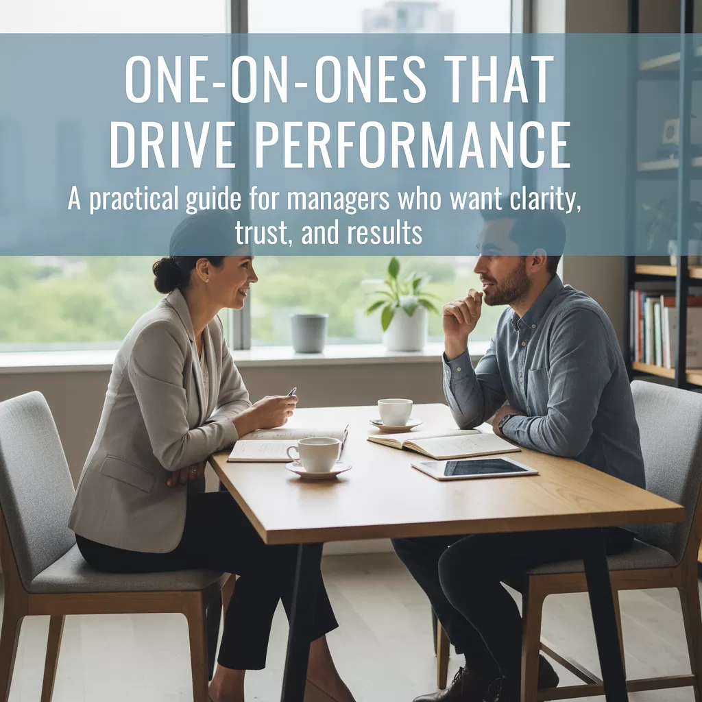 Manager and employee having a one-on-one meeting at a modern office table, discussing goals and performance; featured image for blog on effective one-on-one conversations.
